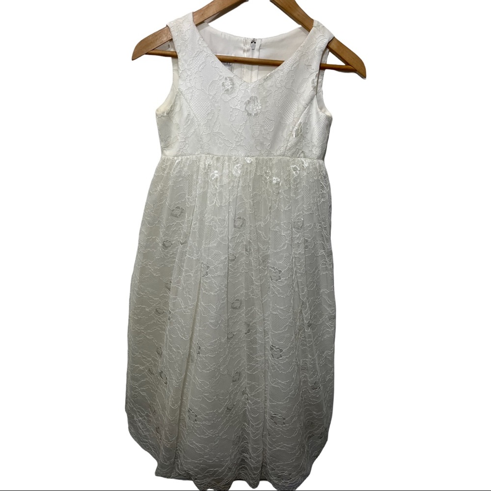 DAVID'S BRIDAL IVORY LACE SLEEVELESS FLOWER GIRL JUNIOR BRIDESMAID DRESS SZ 10